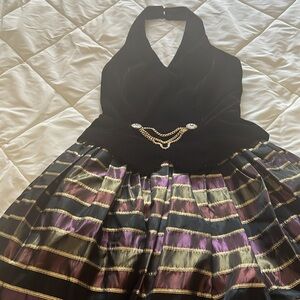 Vintage Black Velvet Halter V-neck In Purple Gold And Black Skirt Ballgown  XS